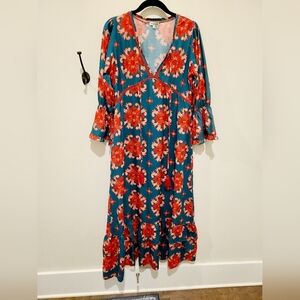 Moda Posa Silky Printed Puff Sleeve Tiered Maxi Dress